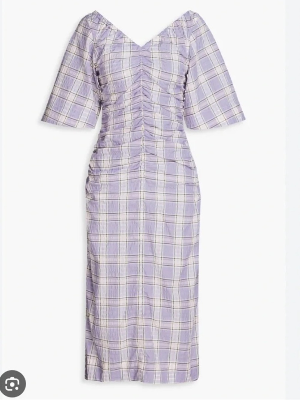 Ganni Lavender Plaid Ruched Midi Dress